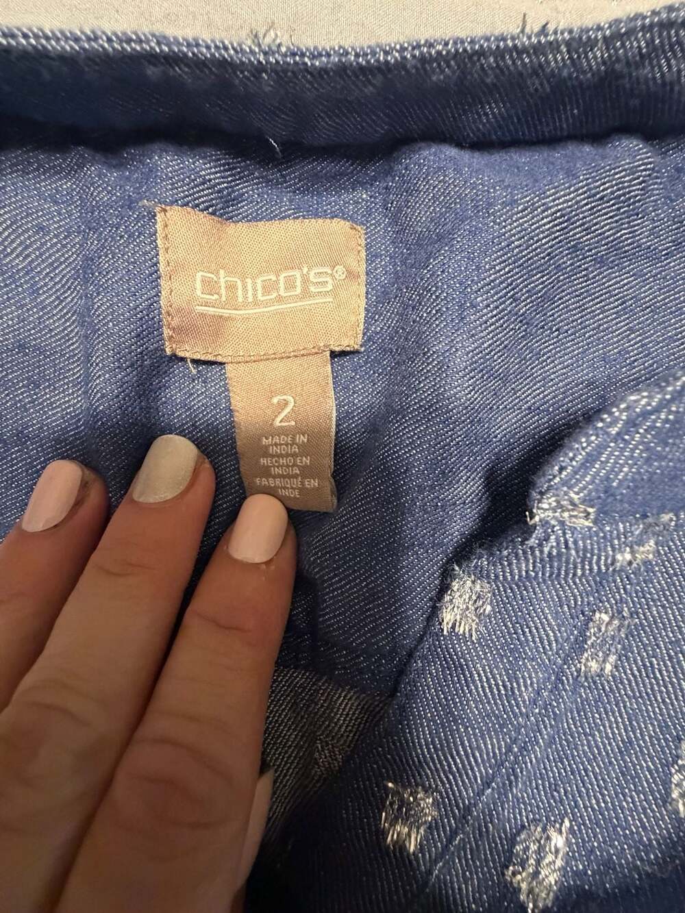 Chico's Blue Long Sleeve Button-Front Blouse with silver Metallic Dot Texture - Picture 3 of 9